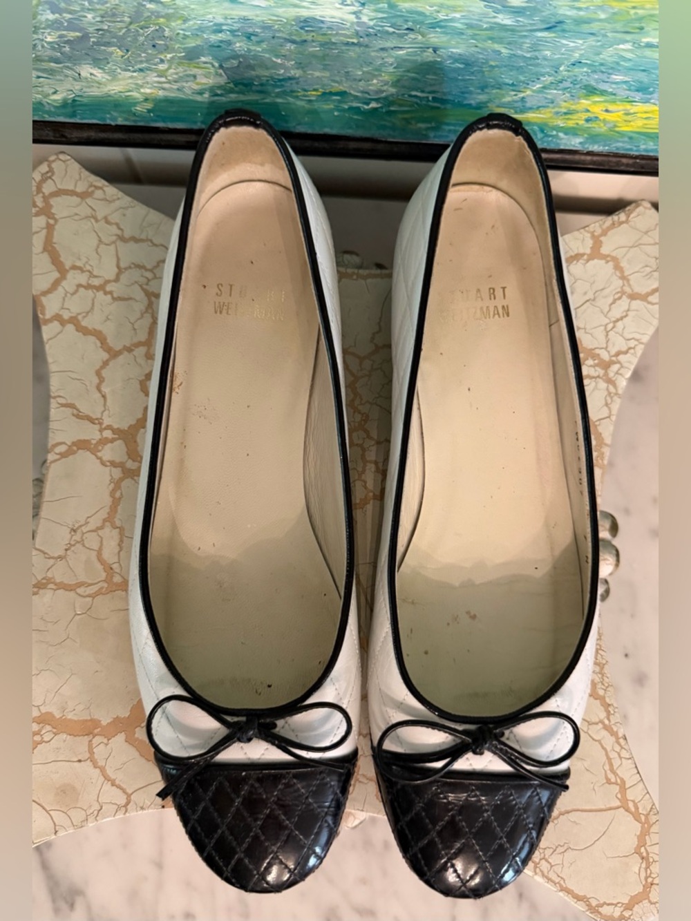 Stuart Weitzman White Leather Ballet Flats with Black Quilted Cap Toe